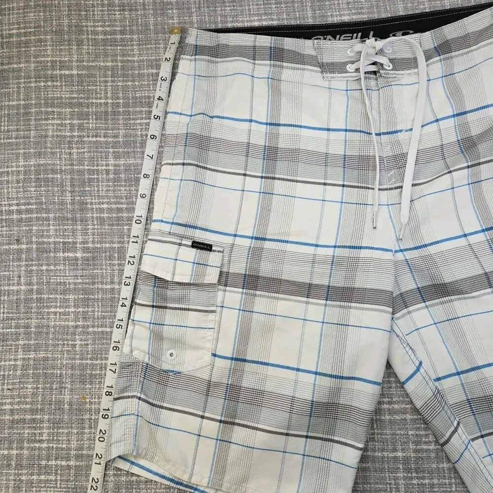 O'Neill Board Shorts Men's 34 White/Blue Plaid 11